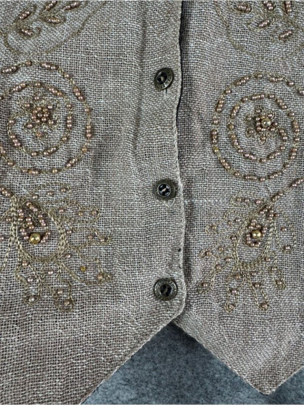 Vintage Beaded Linen Blend Vest Taupe Medium Boho Western Cottagecore Festival - Picture 6 of 16
